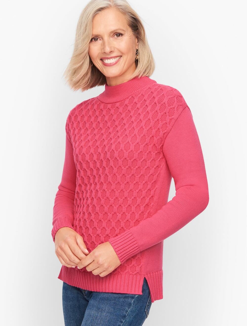 Talbots high-low mockneck sweater bright pink fuchsia pullover knit size small